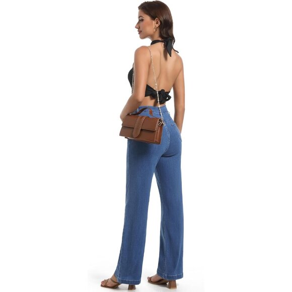 Women's High Waisted Stretchy Denim Jeans Casual Tummy Control Wide Leg - Picture 3 of 5